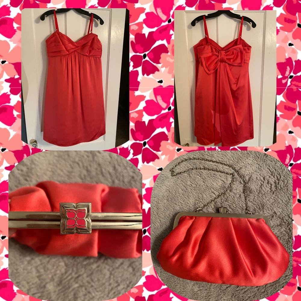 Watermelon Pink Silk BCBG Sweetheart Neckline Cocktail Dress & Matching Clutch